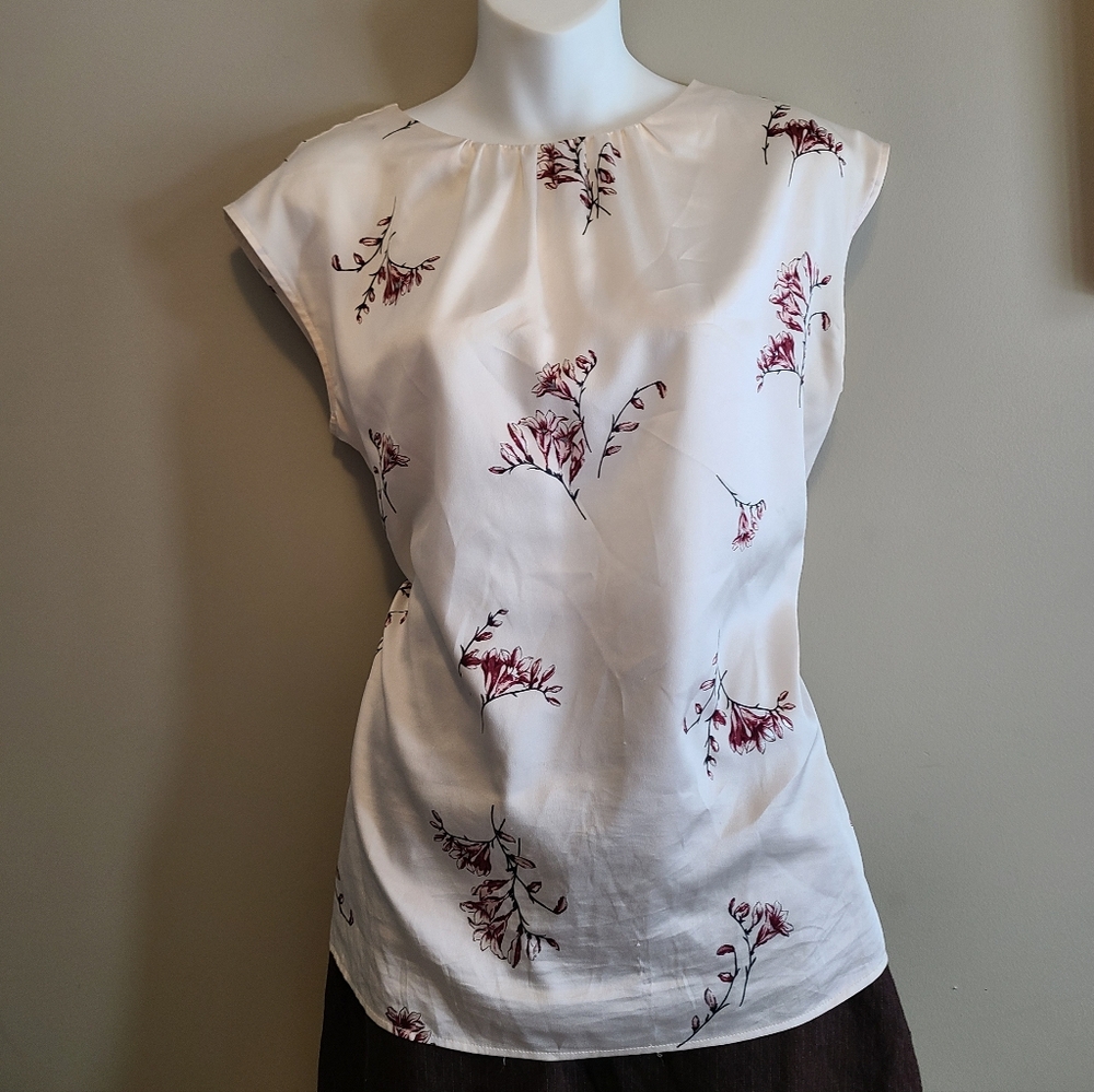 Ann Taylor Factory Floral Tie-Back V-Neck Blouse - Cream & Burgundy